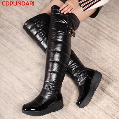Black Down Cotton Waterproof Cloth Flat Platform Snow Boots Women Winter Over the knee boots Shoes Botas De Invierno Para Mujer