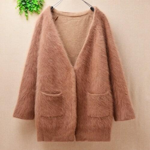 New women female borwn color V-neck soft Mink Cashmere knitted rabbit fur sweater loose coat cardigans jackets mantle clothing
