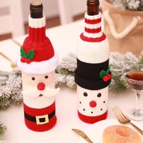 1Pcs Christmas Santa Claus Knitting Red Wine Bottle Cover For Bar Xmas Snowman Bottle Bag Decoration Dinner Table Decor