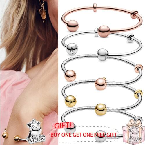 100% 925 брелок Silver Pan Bracelet Rose Gold Button Pan Bracelet Fit European Charm Bracelets Women Jewelry