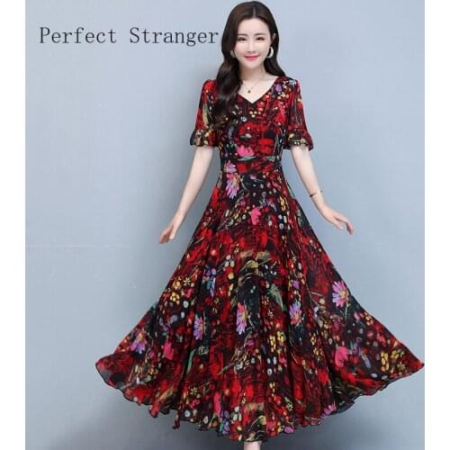 2021 Summer New Arrival Leisure V Collar Floral Short Sleeve Collect Waist Women Chiffon Long Dress High Quality Pus Size M-4XL