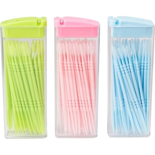 50 pcs / box Double-headed Dental Brush Teeth Sticks Floss Pick Toothpick Color Random