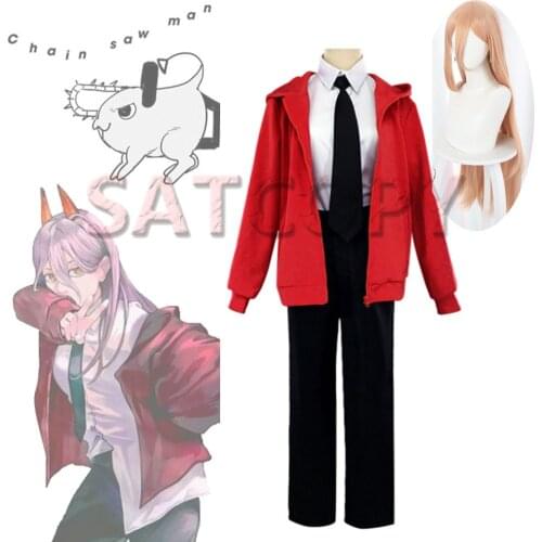 Anime Chainsaw Man Cosplay Power c Costume Coat + Shirt + Tie+Wig Full Set Men Women Uniform Halloween Carnival