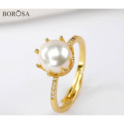 BOROSA 2\5Pcs Gold Color Natural White Pearl Crown Rings with CZ Micro Paved Ring Women Wedding Ring WX1378
