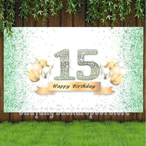 Green 15th Backdrop Balloon Adults Girls Happy Birthday Party Custom Photography Background Decoration Banner Photo Studio