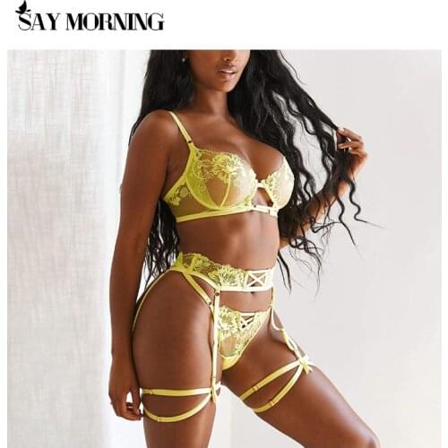 SAY MORNING 3 Piece Set Lingerie Womens Thong Underwear Set Mesh Lace Transparent Bra Sexy Embroidery Flower Erotic Lingerie