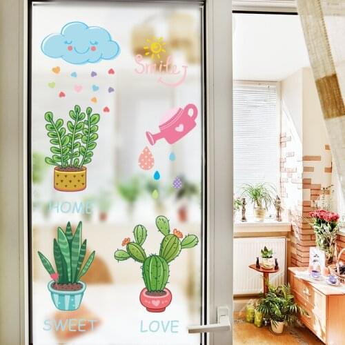 Creative Potted Cactus Wall Stickers Home Decor Bathroom Waterproof Glass Door Decals Kitchen Sticker 3d Self-adhesive PVC Mural
