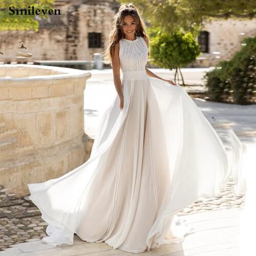 Smileven Chiffon Bohemian Lace Wedding Dress A Line Lace Bridal Gowns Open Back vestido de noiva 2020