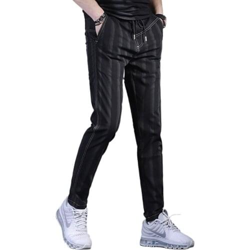 New Stripe Casual Pants Men Fashion Black Slim Fit Stretch Joggers Trousers