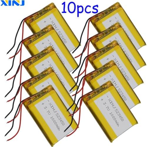 XINJ 10pcs 3.7V 1000mAh Li lithium-polymer battery li po Liion cell 523450 For Camera E-book Driving Telephone watches Tablet PC