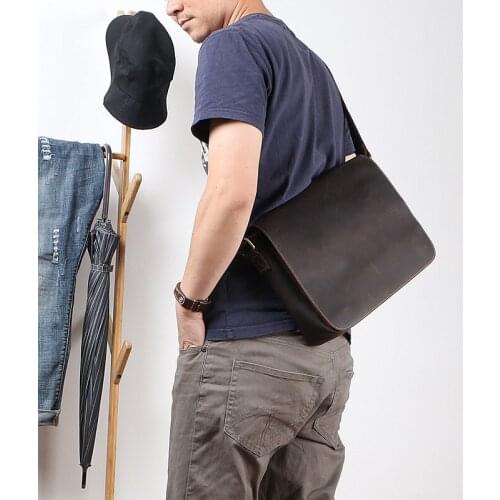 Retro fashion luxury natural real leather mens black backpack simple casual daily outdoor weekend shoulder messenger bag
