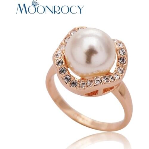 MOONROCY Rose Gold Color Crystal Imitation Pearl Ring Womens Party Wedding Rings Fashion Jewelry Wholesale For Women Girl Gift