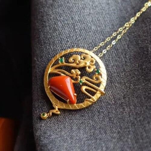 Natural Hotian Jade Pendant South Red Auspicious Cloud Pendant Female S925 Sterling Silver Vintage Necklace Female Ethnic Chines