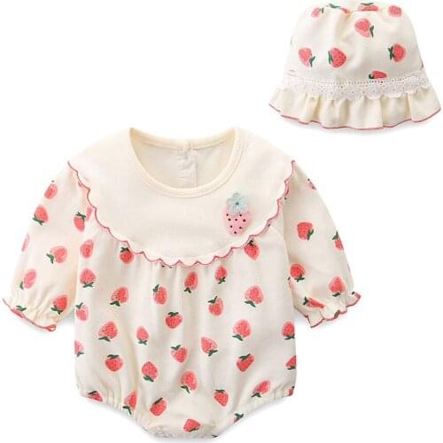 Autumn New Products Pure Cotton Printed Triangle Newborn Jumpsuit Baby Girl Girl Long Sleeve Romper + Hat
