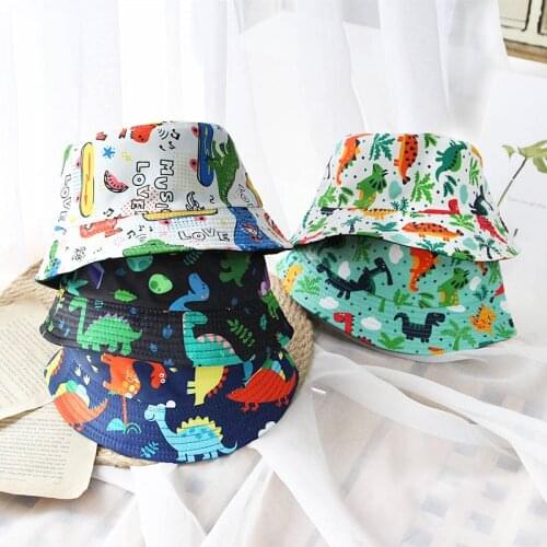 2021 Fashion New Toddler Infant Bucket Hat Cute Cartoon Dinosaur Print Short Brim Sun Protection Panama Sun Cap Fisherman Hat