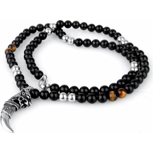 Punk Gothic Wolf Tooth Stainless Steel Pendants 8MM Black Stone Beads Statement Necklace Chain 26"