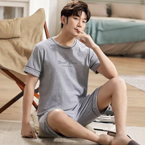 2021 Summer Pure Cotton Pajamas Sets Short Sleeve Mens Home Clothes Fashion Casual Sleepwear Large Size Loose Home Wear For Men