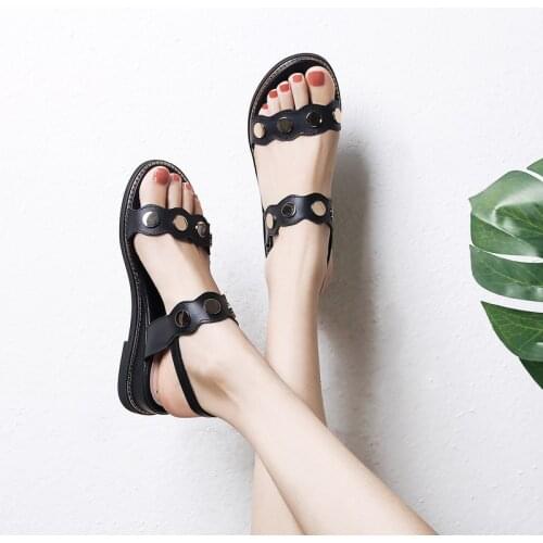 2020 Summer New Round Toe Wedges Single Shoes Woman Genuine Leather Buckle Women Sandals Comfortable Breathable Shoes