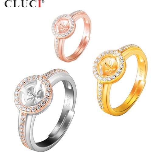 CLUCI Silver 925 Rose Gold Color Adjustable Open Rings for Women 925 Sterling Silver Round Zircon Rings SR2197SB