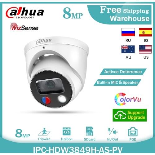 Dahua WizSense 8MP IP Camera IPC-HDW3849H-AS-PV Full-Color H265+POE Built-in MIC＆Speaker SD Card Security CCTV Video Dome Camera