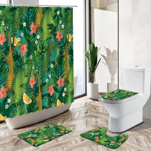 Tropical Green Plant Banana Palm Leaf Flower Shower Curtain Set Flamingo Animal Summer Jungle Scenery Rug Toilet Cover Bath Mat