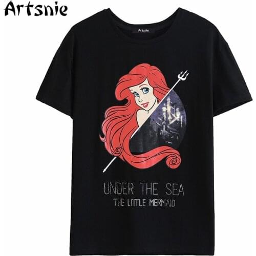 Artsnie disney cartoon print womens t shirt summer o neck short sleeve tops female streetwear oversized black t-shirts mujer