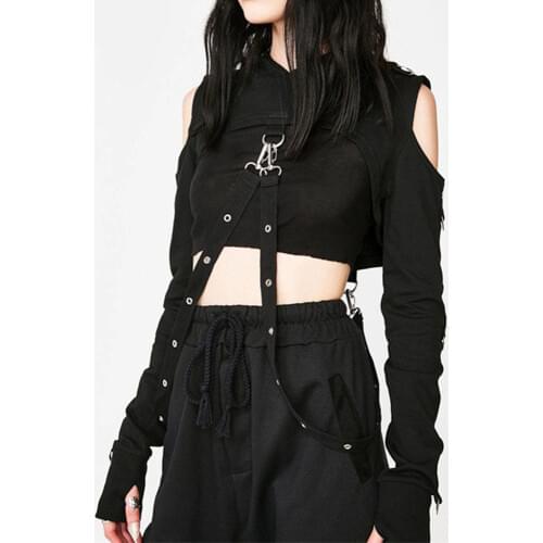 Rosetic Gothic Women Hoodie Hollow Sexy Short Sweatshirt Pullover Hooded Streetwear Chain Punk Metal Punk Hoodies Young Fall