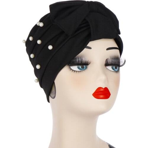 Women India Hat Muslim Turban Cap Pearl Cancer Chemo Hats Elasticity Cotton Bandanas Female Headwear Hair Bowknot Headscarf