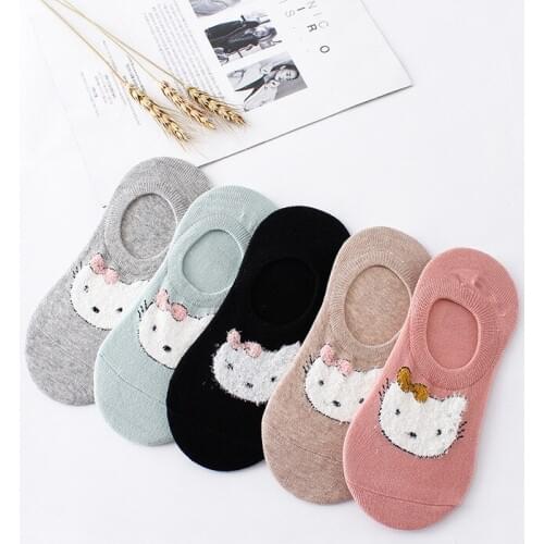 Womens Kitten Pattern Cotton Non-slip Silicone Summer Socks Lovely Ultra-thin Spring Autumn Shallow Mouth Quality Sock Slippers