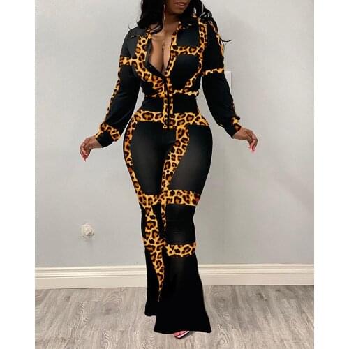 Women Satin Two Piece Set Deep V Neck Leopard Print Top and Bell-bottom Pants Sets Office Lady Turn Down Collar Working Suits