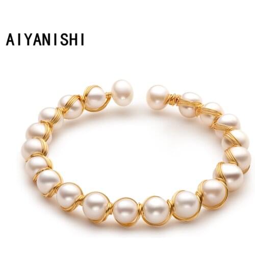AIYANISHI 18K Gold Filled Bracelet 6.5-8.5mm Natural Cultured Freshwater Pearl Fashion Twisted Bracelet Bangle Women Jewelry