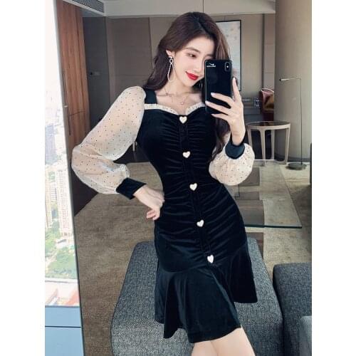 SALIENCY Autumn Winter Dress Fashion V-neck Pleated Polka Dot Puff Sleeve Stitching Vintage Velvet Black Fishtail Skirt Women