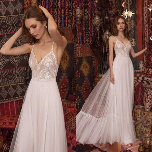 2021 Summer Bohemian Wedding Dresses Lace Appliqued A Line Boho Bridal Gowns Spaghetti Floor Length Bride Vestidos De Novia