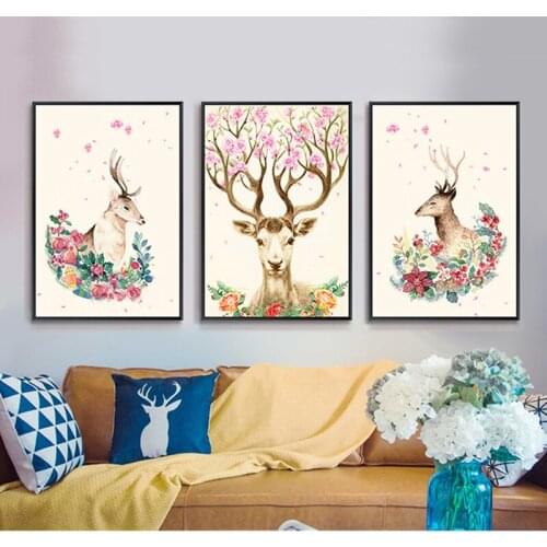 American Retro Animals Canvas Painting Flowers Deer Room Sofa Background Forest Elk Poster Wall Picture Print Scandinavian Decor