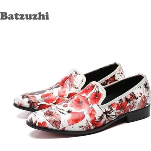 Batzuzhi Fashion Loafers Shoes Men Flats White Print Red Flowers Genuine Leather Men Loafers Erkek Ayakkabi, Big Sizes US6-12