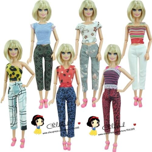 Free shipping 5sets Fashion Casual Style Clothes + Trousers pants Outfits For Barbie Doll Girls birthday new year Gift for kids