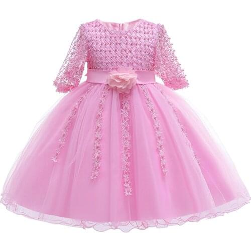 Kids Girl Princess Dresses Beaded White Lace Applique Half Sleeve Flower Wedding Dress for Girls Party Dress Children Clothes