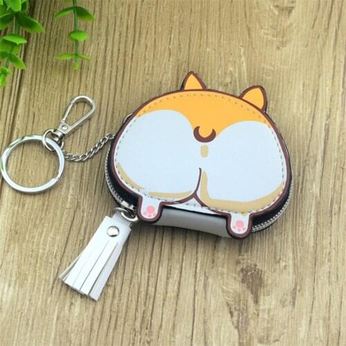 Boys Girls Cartoon Anime Corgi Inu Shiba Dog Doge Butt Designer Coin Purse PU Bag With Key Chain Gift