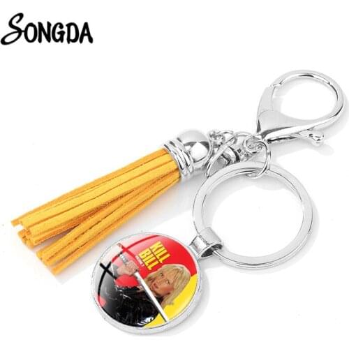 Movie Kill Bill The Bride Keychain Classic Film Glass Poster Delicate Women Handbag Pendant Leather Tassel Keyring Charms
