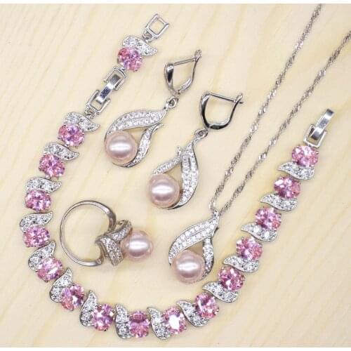 GZJY Women Pink Fresh Pearl 925 Silver Wedding Jewelry Sets Crystal Bracelet Pearl Drop Earrings Necklace Ring Sets for Party