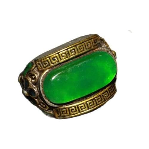 Chinese Old Craft Made Old Tibetan Silver Inlaid Green Jade Silver Ring