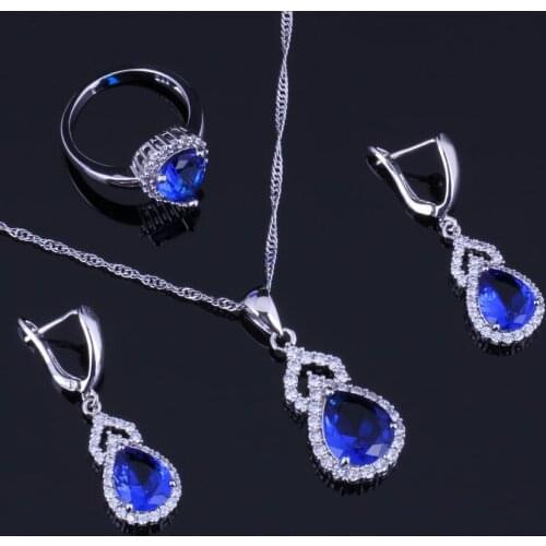 Lovely Pear Blue Cubic Zirconia White CZ Silver Plated Jewelry Sets Earrings Pendant Chain Ring V0293