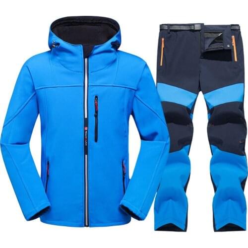 Warm Fleece Soft Shell Pants Set Men Windproof Waterproof Hiking Jacket and Pants Outdoor Trekking Camping Climbing Trousers