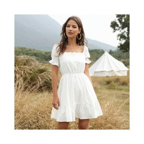 Soolasea Short Women Mini Dress Summer Casual White Square Collar Cotton Sundress Ladies Pleated Ruffle Dress Vestidos