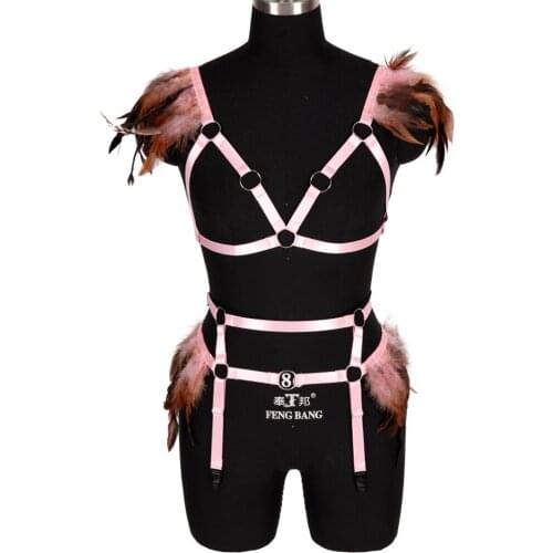 Feather Sexy Lingerie Harness Belt Set Hollow Bra Garter Strappy Bondage Waist Festival Rave Bra Suspender Womens Clothing