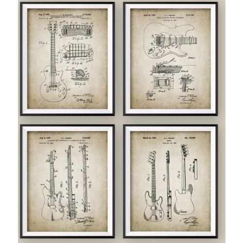 Electric Guitar Patent Vintage Poster Prints , Electric Guitar Design Wall Art Canvas Painting Wall Pictures Guitarist Gift