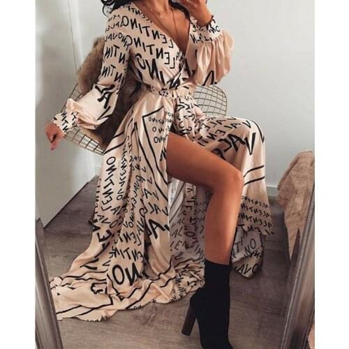Hirigin Spring Summer Autumn Dress 2019 Letter Print Boho V-neck Long Dress Slit Maxi Dress Beach Robe Femme Vestidos De Verano