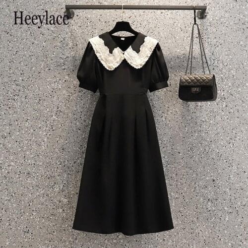 Plus size women Summer black vintage dresses office ladies elegant lace patchwork peter pan collar short sleeve bandage vestidos