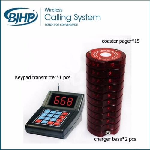 Restaurant coaster pager system keypad transmitter*1+charger base*2+coaster pager*15