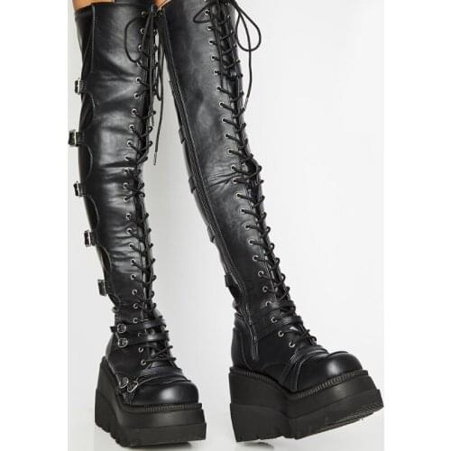 Female High Platform Thigh High Boots Fashion Buckle Punk High Heels Boots Over-the-knee Cosplay Wedges Shoes Motorcycle Boots